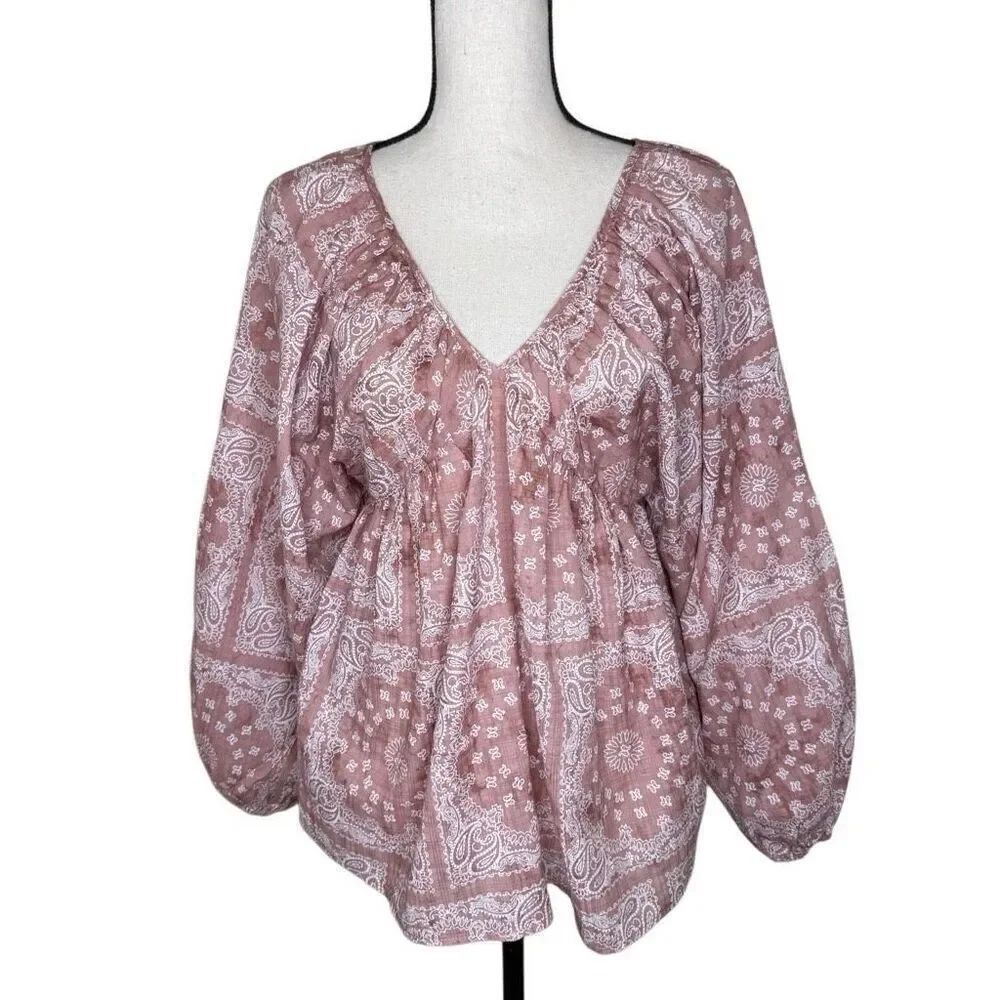 Bucket List Cotton Balloon Sleeve Oversized Baby Doll Top Sz S Boho/Cottagecore